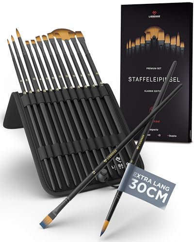 LIEBERGE Premium Langstiel Pinselset Acrylfarben - 12 Pinsel ohne Haarverlust beim Malen - ideal als Acryl Pinsel, Aquarellpinsel, Ölpinsel, Gouache (Langstiel, 12)