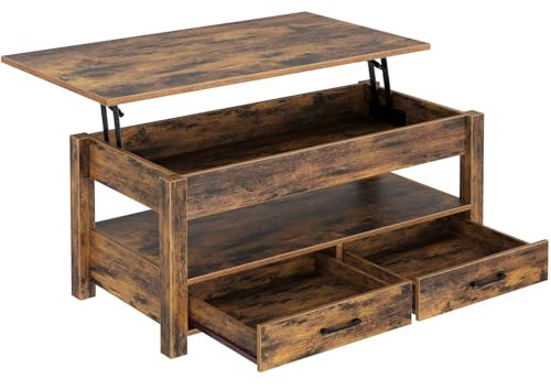 Rolanstar Couchtisch Höhenverstellbar, Couchtisch mit 2 Schublade, Hubplatte, Wohnzimmertisch mit Verstecktes Ablagefach, für Wohnzimmer