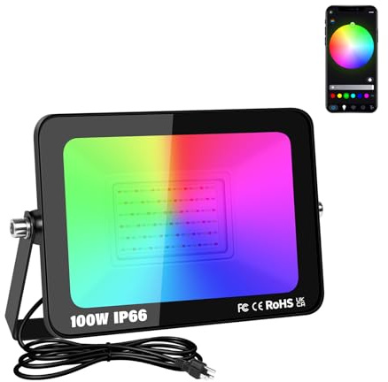 Willpower Foco LED RGBW 100W, Proyector LED Exterior Inteligente con Control de Bluetooth APP, 16 Colores 4 modos, Luz de Inundación RGB para Jardín Terraza Fiestas Halloween Navidad, con Enchufe