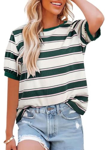 Womens Tops Cotton Casual Color Block Striped Short Sleeve Shirts Crewneck T Shirts Loose Basic Tee Blouses Green M