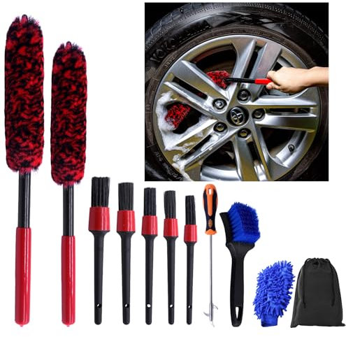 OBDKCAN Wheel Brush Kit 10PCS Car Wheel Cleaning Kit Detailing Brushes Car Wash Mitt Car Wash Cleaning Kit for Clean Rims, Spokes, Barrels & Tyres Emblems, Air Vents