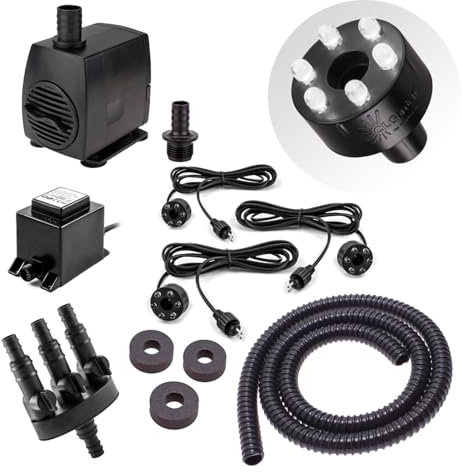 CLGarden Springbrunnen Pumpe Set mit 3X LED Beleuchtung kaltweiß für Wasserspiel Säulenbrunnen Kugelbrunnen Schlauch Wasserverteiler 1300 L/H