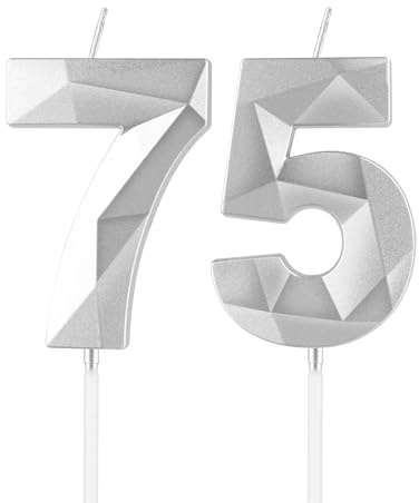 mciskin Silver 75th Birthday Candles, 75th Birthday Decorations for Women Men,3D Number 75 Candles for Cake,Silver Candle Cake Topper Decorations for Birthday Party Weddings Anniversary Supplies