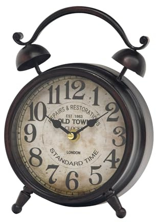 UPPER DECOR Vintage Dark Brown Desk Clock, Decorative Table Clock with Bell Top, Silent Non-Ticking Mantel Clock for Living Room or Bedroom, Wood Dial, Battery Operated