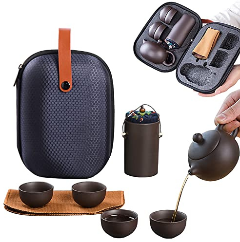 aqxreight Service à thé en Céramique au Sable Violet, Théière et Tasses de Voyage Portables en Plein Air avec Boîte à thé en Serviette et Sac de Transport, Boîte de Transport en Sable Chinois, un