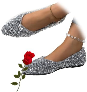 Scarpe basse da donna con paillettes, con strass, a punta, comode, senza lacci, eleganti, con tacco basso, per lavoro, matrimonio, balletto, Argento, 38.5 EU