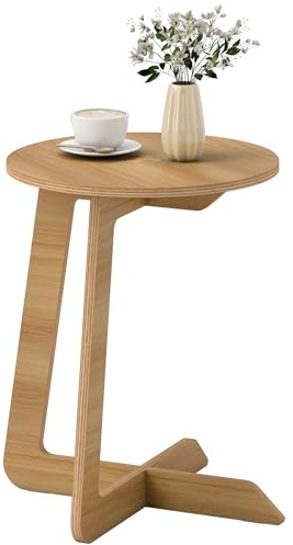 HOMCOM Mesa Auxiliar en Forma de C, Mesita Auxiliar Redonda, Montaje Rápido, para Espacios Pequeños, Salón, Dormitorio, Natural