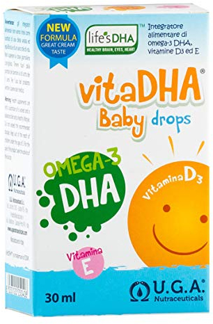 VitaDHA Baby Drops Omega 3 Bambini e Neonati da 0 a 2 Anni (30ml) - Omega3 Liquido con Olio di Alghe e Vitamina D3 ed E - Senza Retrogusto di Pesce al Gusto Latte e Panna