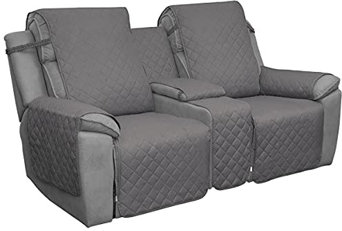 Easy-Going Loveseat Recliner Cover with Console, Reversible Couch Cover for Living Room, Split Sofa Cover for Each Seat with Elastic Straps for Kids, Dogs, Pets(2 Seater, Gray/Light Gray)