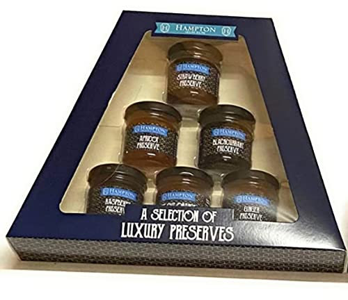 Hampton Preserves Finest Selection of Luxury Mini Jams - Orange Marmalade, Strawberry, & Apricot Jam, Ginger, Raspberry, & Blackcurrant Preserve - Jams and Preserves Gift Sets in Mini Jars in Gift Box