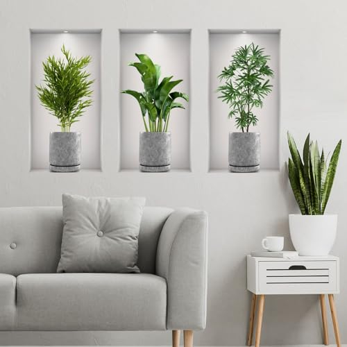 SRIZIAN 3Pcs Wall Stickers, 3D Wall Stickers Vase, Green Plants Wall Art Stickers for Bedroom Kitchen Wall Decor (9.06×17.72in)