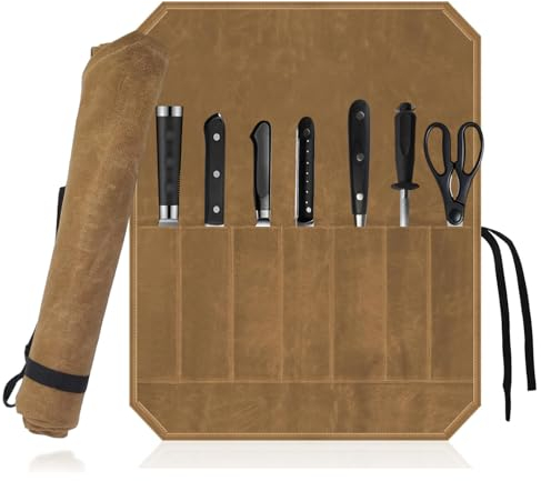 ZIGefofo Sac à Couteaux avec 7 Compartiments Kaki Rouler Portables Sac de Rangement de Couteau de Cuisine Vaisselle en Toile Cirée Sac à Outils Mallette à Couteaux Vide pour Camping Randonnée