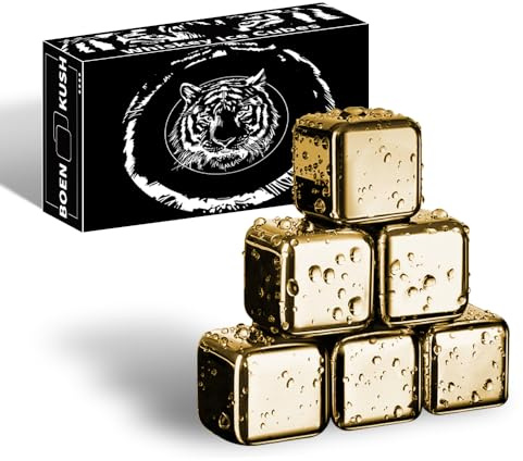 6 pietre refrigeranti per whisky, cubi riutilizzabili in acciaio inox 304, circa 2,8 cm, per whisky, vino e cocktail, oro, confezione regalo