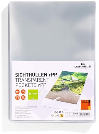 Durable Klarsichthüllen A4, aus recyceltem PP, 100 Stück, seitlich offen, 247819
