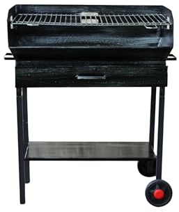 Barbecue a Legna e Carbonella in Ferro, con Ruote, Regolabile su 2 Altezze, Griglia in Acciaio, Ripiano poggia utensili (60x38 cm)
