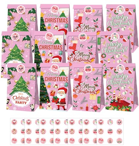 Julklappspåsar, 12/24 stycken papperspåsar, julpapper förpackningspåsar med klistermärken, för förpackning av bankett gåvor, godis, kex, rosa (12)