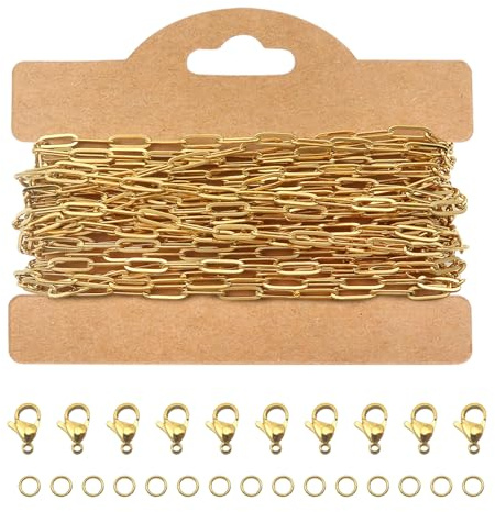 TOAOB 5M länkkedja guldkedja 3 mm x 9 mm rostfritt stål kedja | 30 hoppringar och 10 karbinhakar, kedja rostfritt stål för halsband, kedja för lås smycken