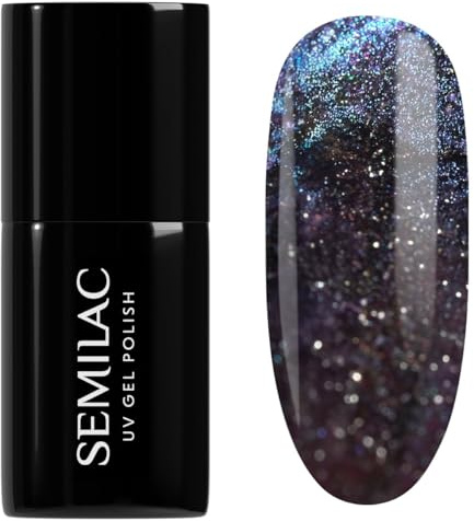 Semilac UV Nagellack 828 Grey Holo 7 ml – Cat Eye Effekt, kosmischer Glanz mit violett-blauem Schimmer – Galaxy Flash Kollektion
