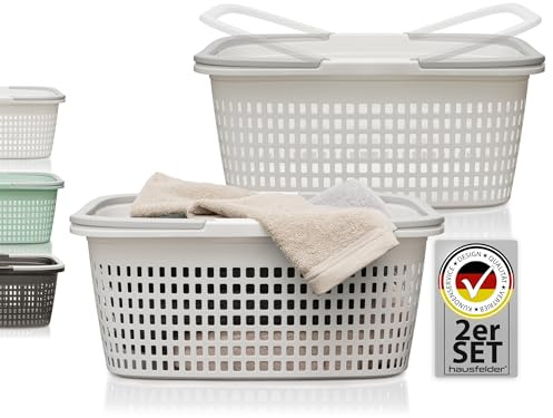 Hausfelder Wäschekorb 2er Set Weiß 35L Kunststoff, Wäschewanne klein mit Henkel und Griffen, Wäschekorb Weiß Kunststoff 58x37x25cm, 2 Stück stapelbar BPA-frei
