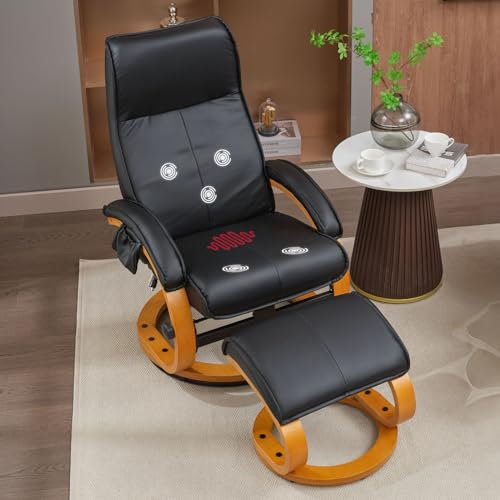 DEKKETO Relaxsessel Mit Hocker, Stressless Fernsehsessel Mit Liegefunktion, Drehsessel FüR Wohnzim Mer, Tv Sessel Aus Kunstleder, 360° Relaxsessel Drehbar Modern Mit Seitentasche, Schwarz