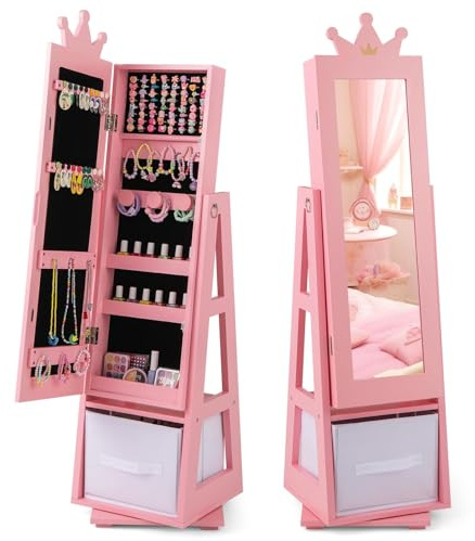 FANTASK Armoire à bijoux 3 en 1 pour enfants - Pivote à 360° - Avec miroir pleine longueur et panier de rangement - Étagère à bijoux - Miroir de maquillage en forme de couronne - Pour enfants à partir