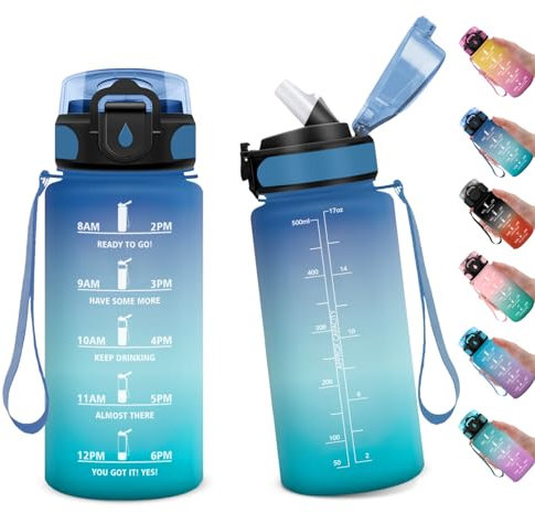 Gourde Enfant 500ml, Gourde avec Paille, Bouteille de Motivation, Bouteille Sport Étanche, Bouteille Reutilisable, Gourde Marqueur de Temps, Bouteille d'eau pour Adulte, Randonnée, Sport, Fitness