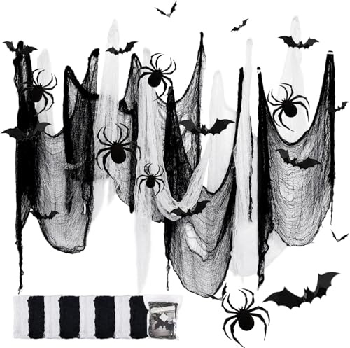 Lot de 8 Tissu Effrayant d'halloween, Gaze Effrayante 183 * 76CM, avec 12 Chauve-Souris et 28 Araignée, pour Jardin, Escalier, Plafond, Fenêtres, Maison Hantée(4 Noirs + 4 Blancs)