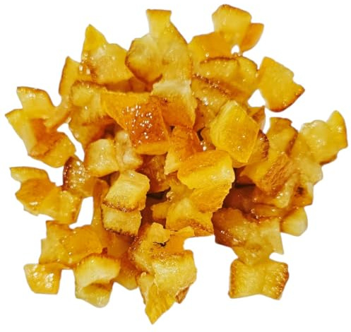 600g Arancia Candita a Cubetti Romeo. Frutta Italiana Naturale al 100%. In vaschetta richiudibile da 600 grammi. Scorzone di Arancia Candita 10x10mm. Senza Coloranti, Senza Additivi, Senza Solfiti.