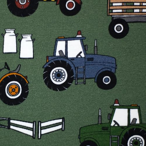 MAGAM-Stoffe Bunte Traktoren Jersey Stoff Kinderstoff OEKO-TEX Meterware 50cm (Dunkelgrün)