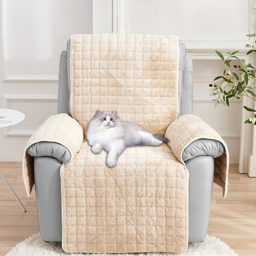 Recliner Chair Covers with Pockets - Soft Washable Waterproof Armchair Slipcovers with Adjustable Straps Buckles, Furniture Protector for Pets & Kids Reclining Chair and Electric Chair Cover (Beige)