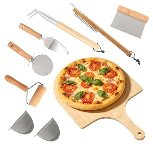 Kit di accessori per forno per pizza, versatile kit di 7 strumenti per la preparazione della pizza, per forni domestici ed esterni, include pala per pizza, spazzola da forno, paletta per bolle