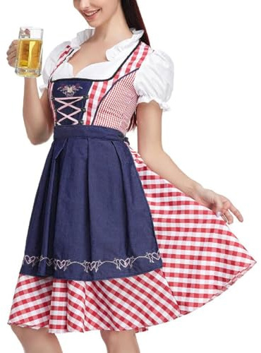 Vestido de festival bávaro - Oktoberfest a cuadros, disfraz de carnaval para mujer, traje tradicional de cerveza alemana, cosplay clásico del festival / Fiesta Halloween Ropa elegante para mujeres Car