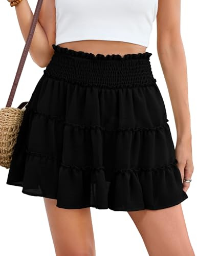 PASUDA Faldas Mujer Verano Mini Elegante Ligeros Fluido Minifalda Sueltos Cintura Alta Elástica Casual Corta Falda de Playa Comodo Fresco con Short Forro(Negro,M)
