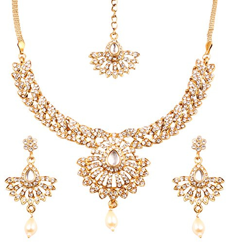 Touchstone Hollywood Glamour filigree white crystals bridal jewelry necklace in antique gold tone for women