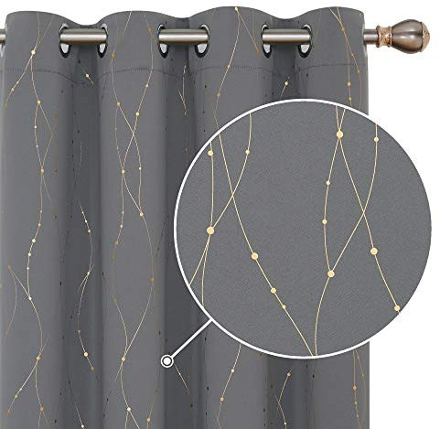 Deconovo 63 Inch Curtains, Super Soft Gold Dotted Line Foil Printed Thermal Insulated Window Treatment Eyelet Blackout Curtains for Nursery 52 x 63 Inch(Width x Length), Light Grey 2 Panels