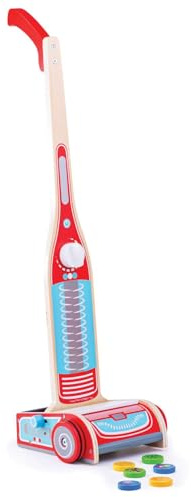 Bigjigs Toys Wooden Toy Vacuum Cleaner - Upright Kids Hoover with 6 Magnetic Wooden Pieces to Vacuum Up, Quality Kids Cleaning Set & Pretend Play Toys for 3+ Years