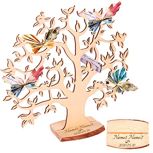 Geldbaum aus Holz,OXYEFEI Personalisiert Lebensbaum Holz mit Namen und Datum Hochzeitsbaum Selbstgestalten Holzbaum als Geldgeschenkidee DIY Hochzeitsgeschenke