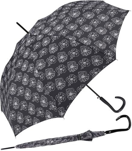 pierre cardin Paraguas negro y blanco flor negra, Sombrilla de bastón, 105 cm