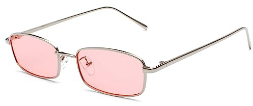 Ggpyyon Vintage Rechteckig Sonnenbrille für Damen Herren,Retro Schmale Brille UV-Schutz Sunglasses(Silber/Rosa)