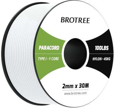 Brotree Paracord 2mm 30M 100% Nylonrep 1 Tråd Typ I Snöre för Utomhus, Hundhalsband, Armband, Camping - 45kg Brottlast (Vit)