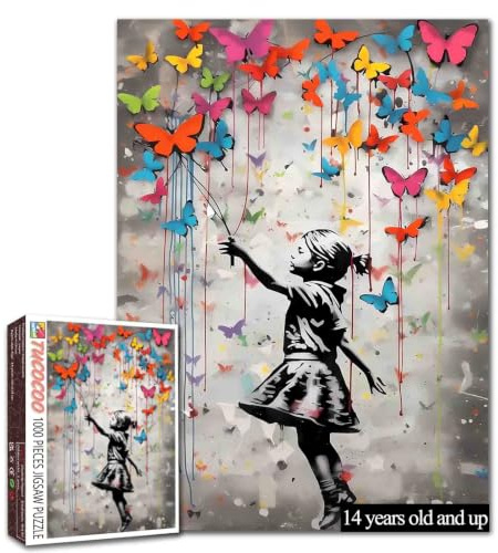Tucocoo Butterfly Street Art Puzzle 1000 Piece Jigsaw Puzzle for Adults, Banksy Little Girl Puzzles for Demanding Family Activities, Colorful Puzzles for Home Decor, Gifts, 50