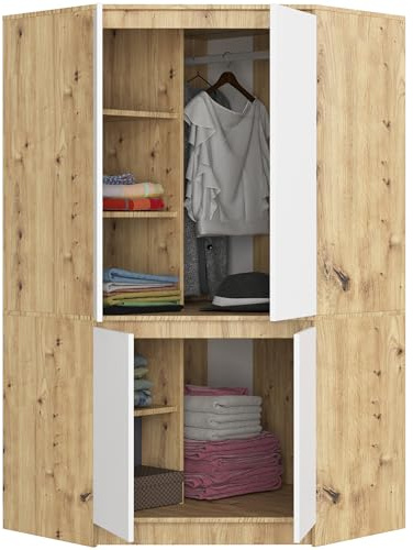 BDW - Armoire d’angle Chambre à Coucher - Grande Armoire 100 cm de Large, 180 cm de Haut - Tringle et étagères - Chêne Artisan, Blanc