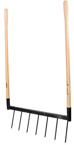 De Woeler DW7 Broadfork Fourche à creuser avec 7 dents en acier inoxydable (75 cm), manche ergonomique en bois FSC, pour aérer le sol et l'entretien des parterres, outil de jardinage robuste pour sol