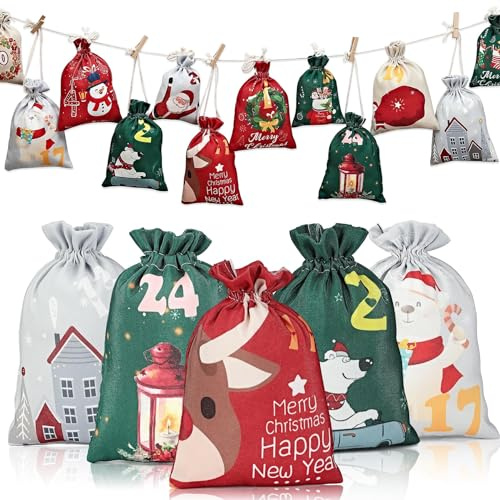Calendario Adviento para Rellenar, 24pcs Bolsas Calendario Adviento Vacio, Bolsas Calendarios Advientos, Bolsa Regalo Navidad, Bolsa de Calendarios de Advientos de Tela DIY (A)