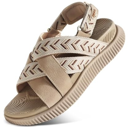 KuaiLu Womens Orthopedic Walking Sandals Comfort Plantar Fasciitis Arch Support Recovery Sport Outdoor Hiking Cushioned Water Waterproof Camping Cruise Golf Boat Slides Adjustable Strap Beige Size 8