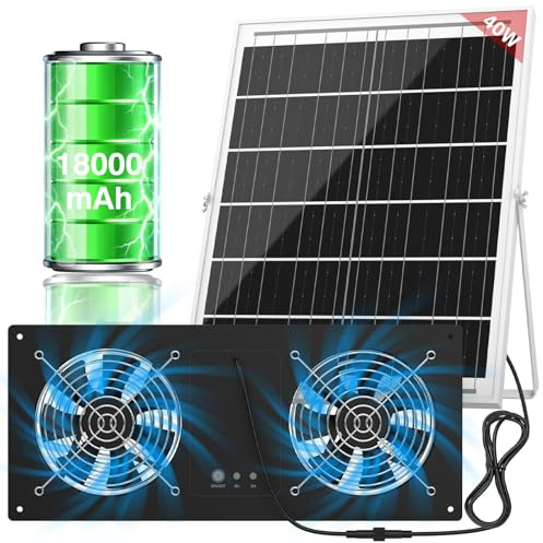 ANTEQI Ventilatore ad energia solare con batteria da 18000 mAh e timer, ventola di scarico solare ad alta velocità da 40 W, 3500 giri/min, ventilazione impermeabile a basso rumore per pollaio, serra