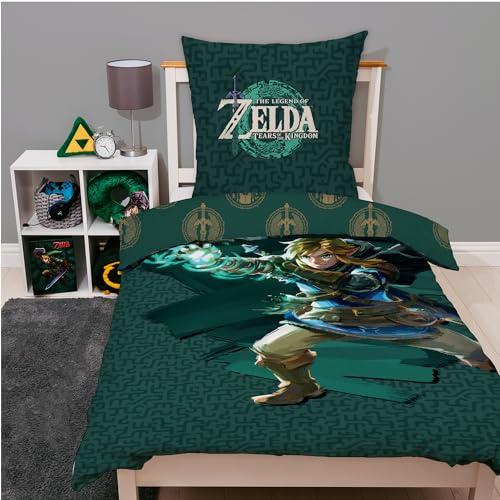 Character World – Juego de ropa de cama reversible The Legend of Zelda, 135 x 200 cm 80 x 80 cm, 100% linón de algodón con cremallera, Zelda Link, 135 x 200 cm