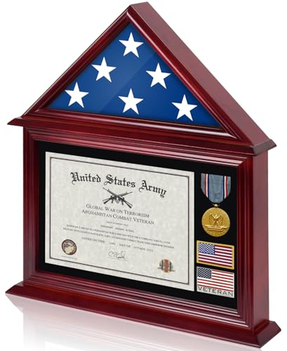 Solid Wood Flag Certificate Display Case Box with HD Tempered Glass Fit Small Folded 3'x5' American Flag(Not for 9.5'x5' Burial Flag), Veteran Military Shadow Box Felt Lining for Badge Medal, Mahogany