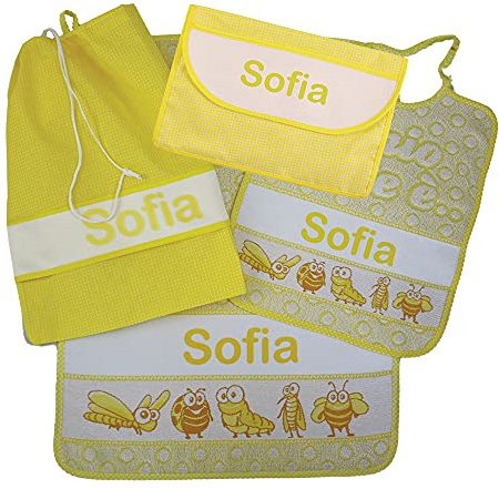 SET ASILO PERSONALIZZATO CON NOME composto da 4 pezzi:bavaglino spugna con elastico cm.28x33, asciugamano cm.40x55 ,sacca e bustina con fascia PERSONALIZZATI Cotone 100% Made in Italy (GIALLO)