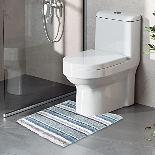 Carvapet Badematte Toilettenvorleger U Förmige Badteppiche Wasserabsorbierend Badvorleger für Badezimmer Weiche Plüsch Gestreifte Mikrofaser Duschvorleger Toilett WC(Blau,51x61cm mit WC-Ausschnitt)